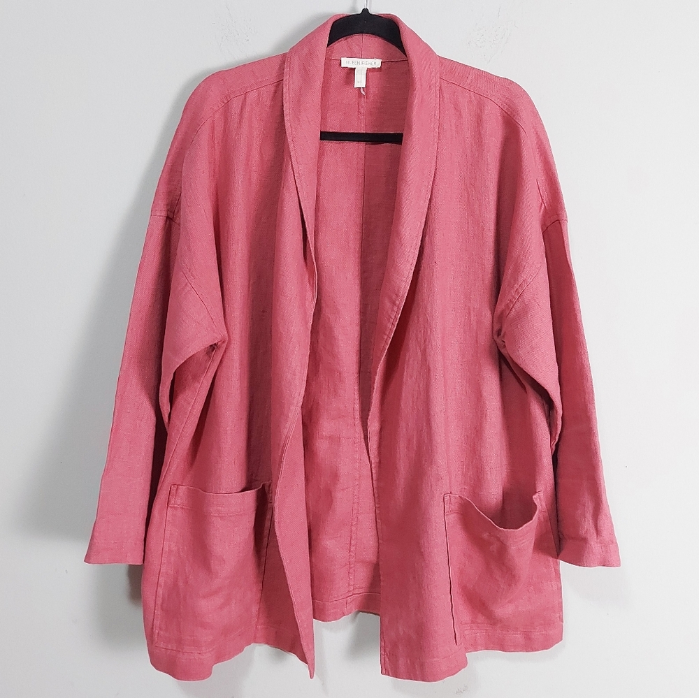 Eileen Fisher Oversized Relaxed Fit Organic Linen Open Front Jacket Large Coral